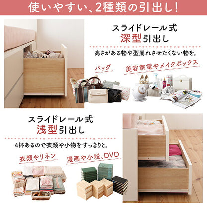 組立設置付 日本製 大容量コンパクトすのこチェスト収納ベッド Shocoto ショコット 薄型プレミアムボンネルコイルマットレス付き ヘッド付き セミシングル