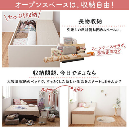 組立設置付 日本製 大容量コンパクトすのこチェスト収納ベッド Shocoto ショコット 薄型プレミアムボンネルコイルマットレス付き ヘッド付き セミシングル