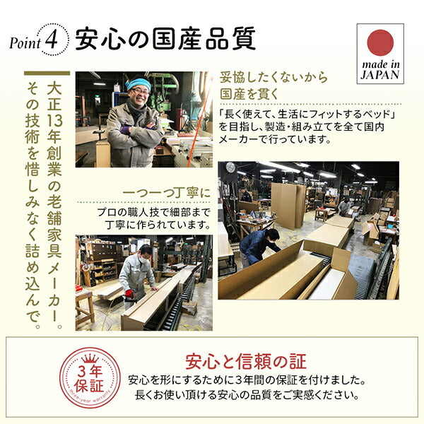 組立設置付 日本製 大容量コンパクトすのこチェスト収納ベッド Shocoto ショコット 薄型抗菌国産ポケットコイルマットレス付き ヘッド付き セミシングル