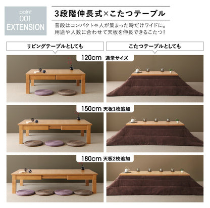 3段階伸縮こたつテーブル／ワイデンアルファ2 長方形(80×120～180cm) 送料無料