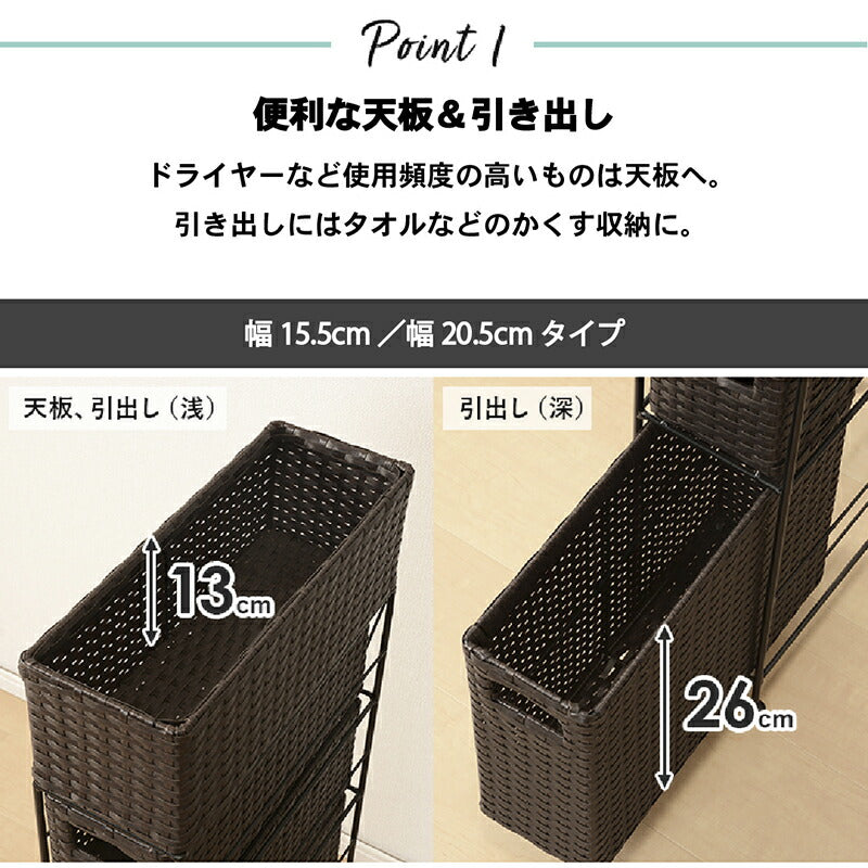 すき間に合わせて選べる　ラタン調ランドリーラック　幅20.5cm　高さ80cm　引き出し３段 送料無料