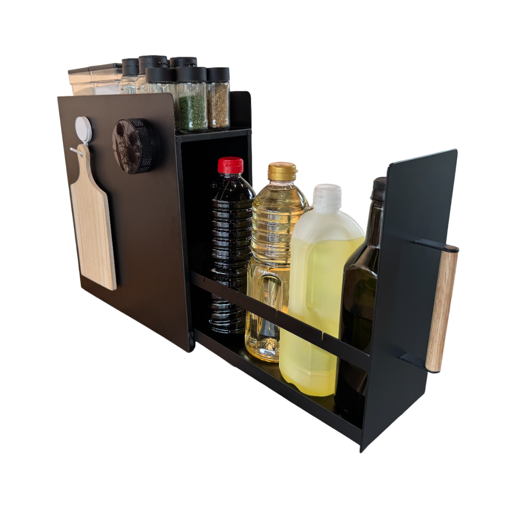 【新商品】隠して魅せる、北欧風 調味料ラック スリム 木製 ハンドル 静音スライドレール採用