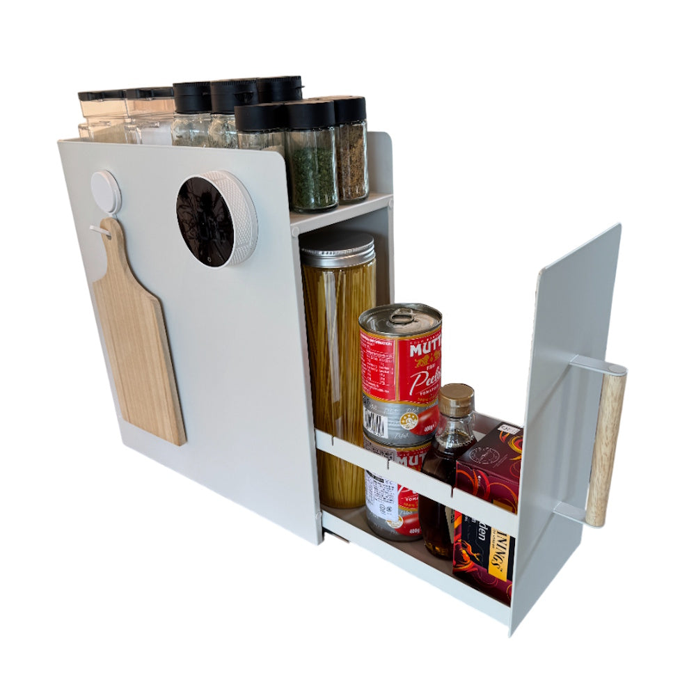 【新商品】隠して魅せる、北欧風 調味料ラック スリム 木製 ハンドル 静音スライドレール採用