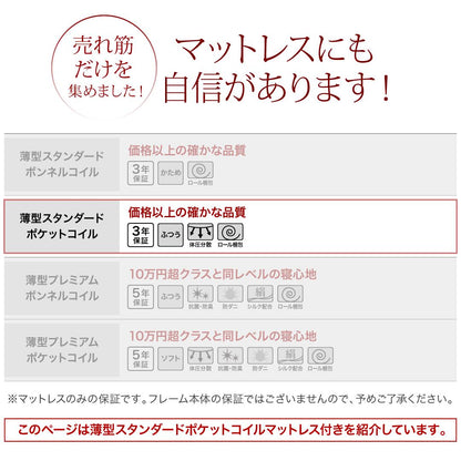 組立設置付き ベッド チェストベッド 大容量収納ベッド／センペール2 薄型スタンダードポケットコイルマットレス付き ロータイプ 引き出しなし セミダブル